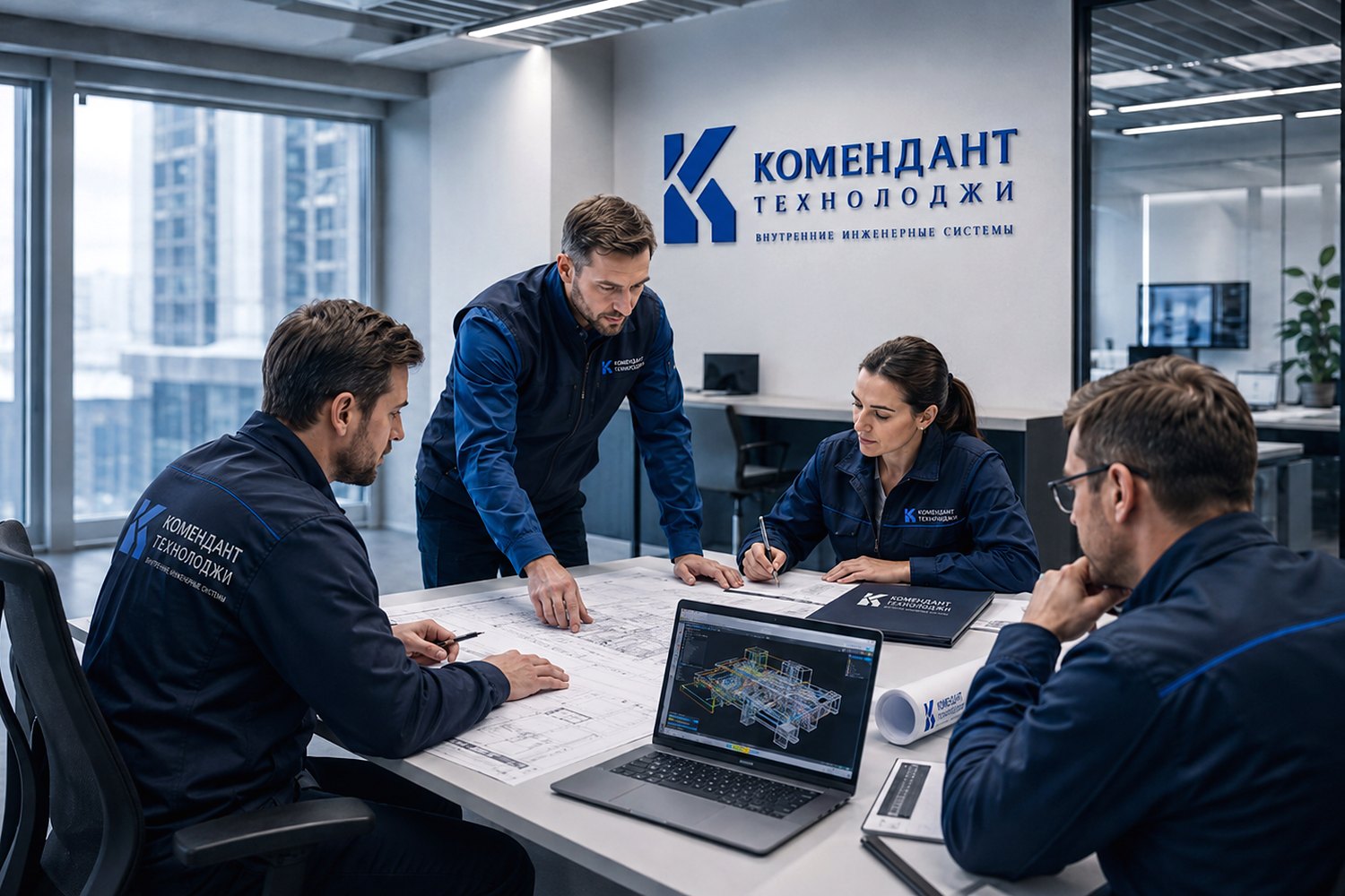 Инженеры за проектной документацией и трёхмерной моделью систем