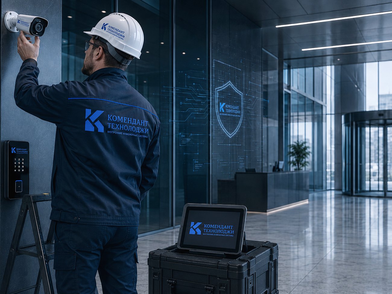 Монтаж купольной камеры и панели контроля доступа в холле бизнес-центра