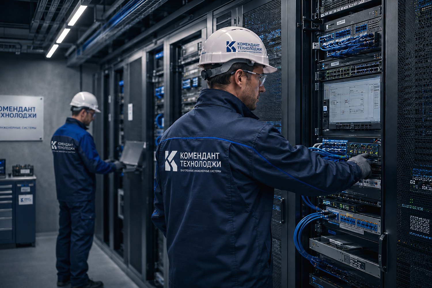 Инженеры выполняют коммутацию оборудования в серверной